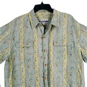 Vtg Kahala Hawaiian Shirt Mens L Beige Green Floral Linen Blend LS Resortwear
